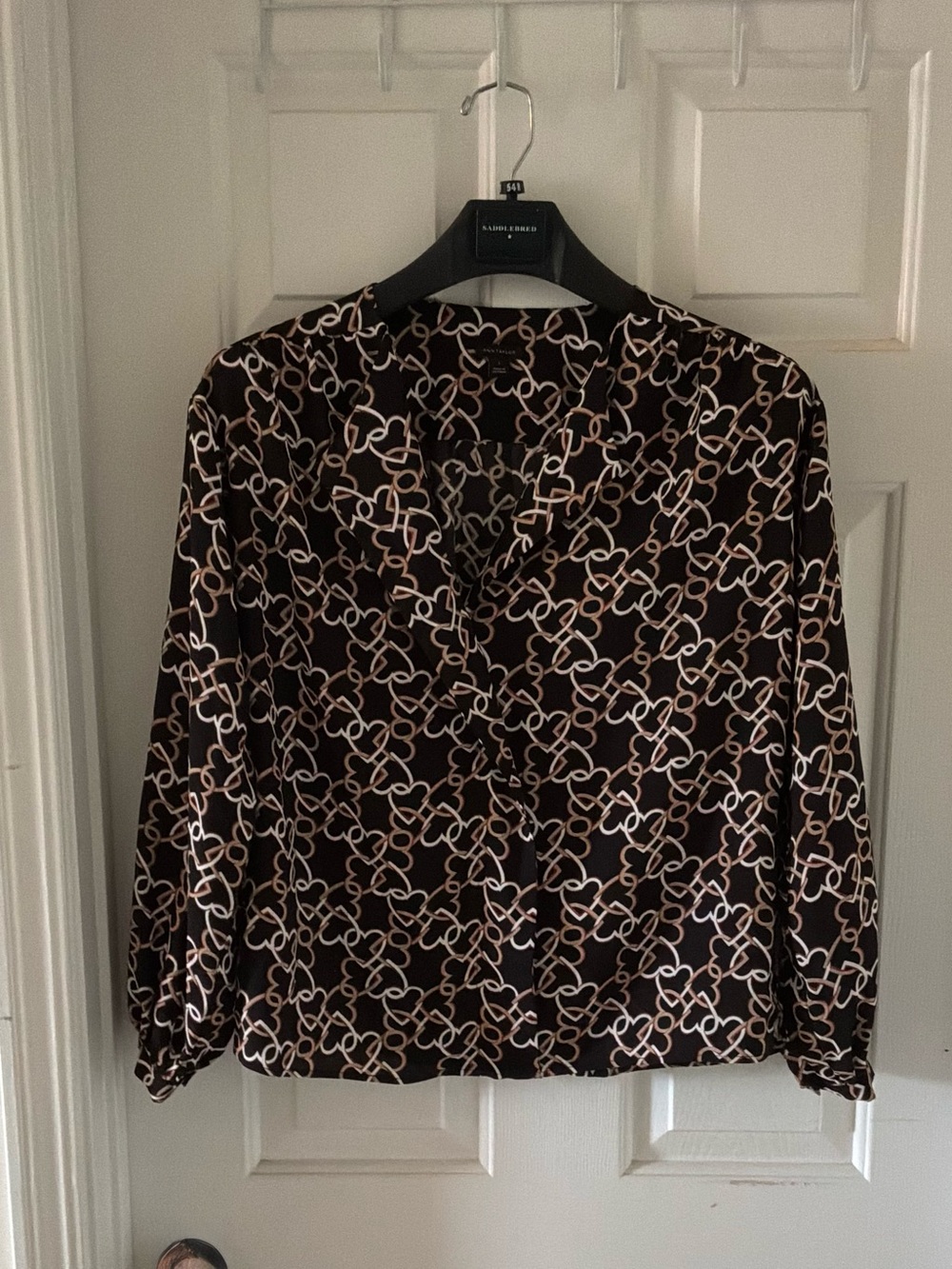 Ann Taylor Black Blouse with Cream Chain-Link Print